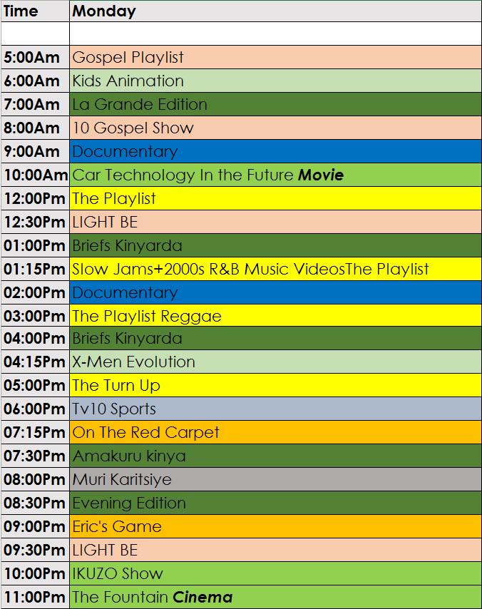 Gahund aya TV10, kuwa Mbere tariki ya 31 Kanama 2015. Line Up of TV10, Monday, 31st 2015. Enjoy Simply Rwandaful.