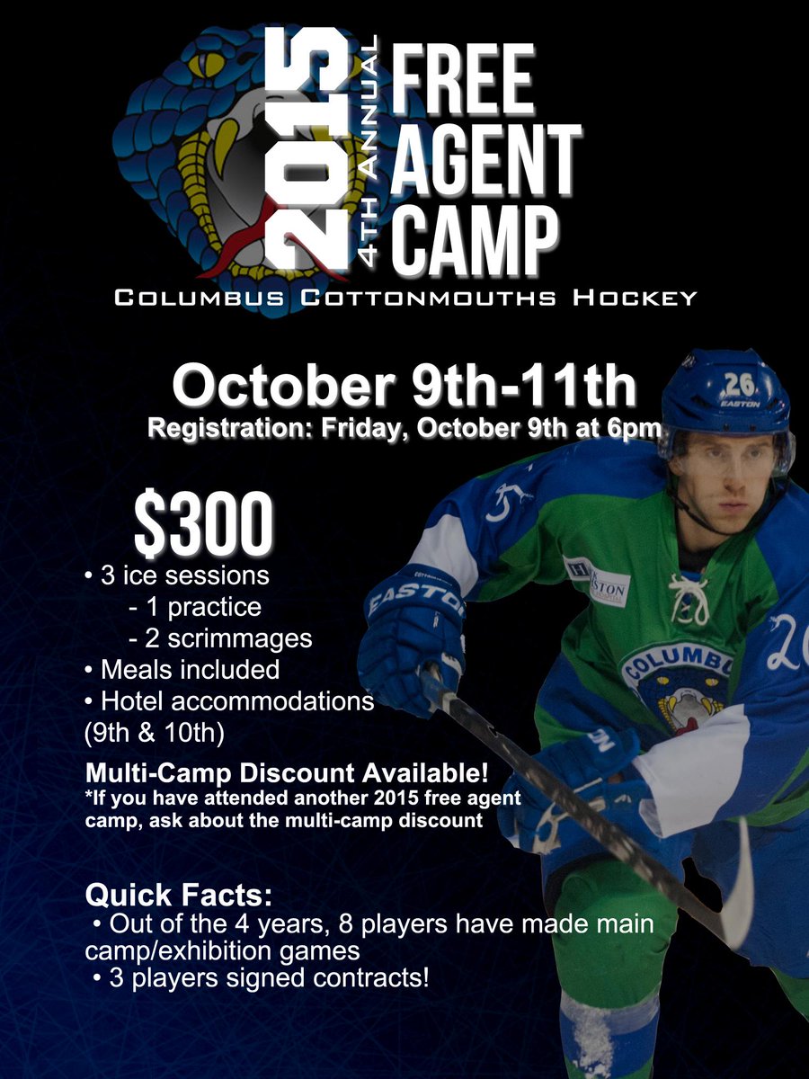 Cottonmouths's tweet image. Snakes Free Agent Camp is Coming Soon! See if you got what it takes to be a Snake! 
#hockey #freeagentcamp #gosnakes