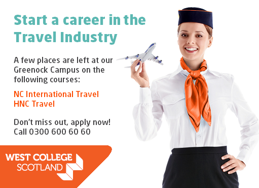 WestCollScot's tweet photo. A few places are left on our Greenock Campus Travel Courses. Don’t miss out, apply now at http://t.co/GQDyPDt1ej http://t.co/mUCWQQM5Zo