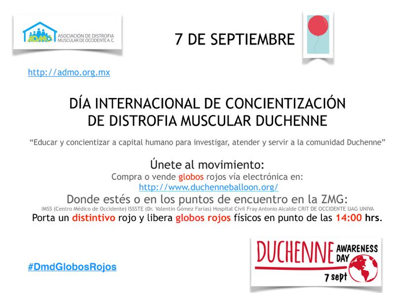 ¡Apóyanos! 7 de Septiembre Día Mundial de Concienciación sobre Duchenne.#DMDGlobosRojos #ADMOAC