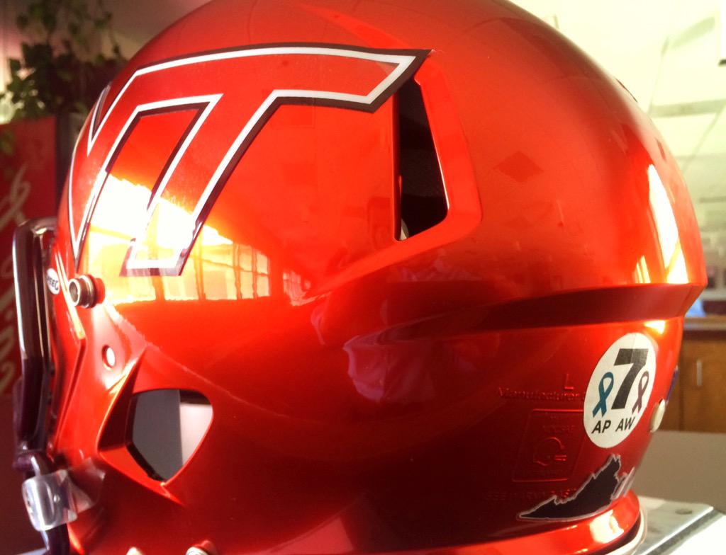 HokiesFB's tweet image. The first helmet sticker honoring Alison &amp;amp; Adam from @WDBJ7 has been applied by @VTEquipment 

#StrongTogether