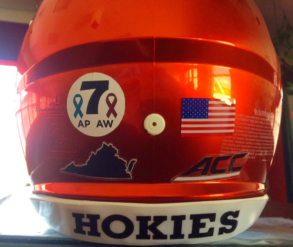 HokiesFB's tweet image. The first helmet sticker honoring Alison &amp;amp; Adam from @WDBJ7 has been applied by @VTEquipment 

#StrongTogether