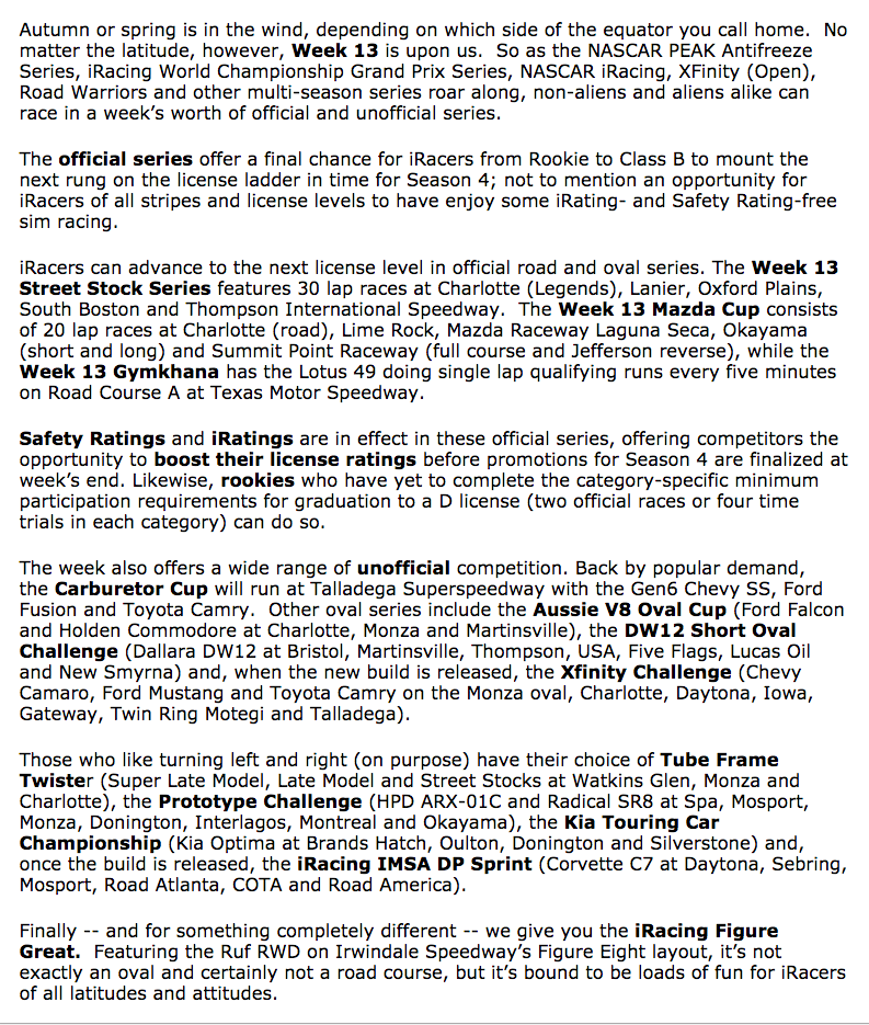 iRacing's tweet photo. Week 13 begins September 8th. Here is what to expect! http://t.co/AbeJGSwn6B