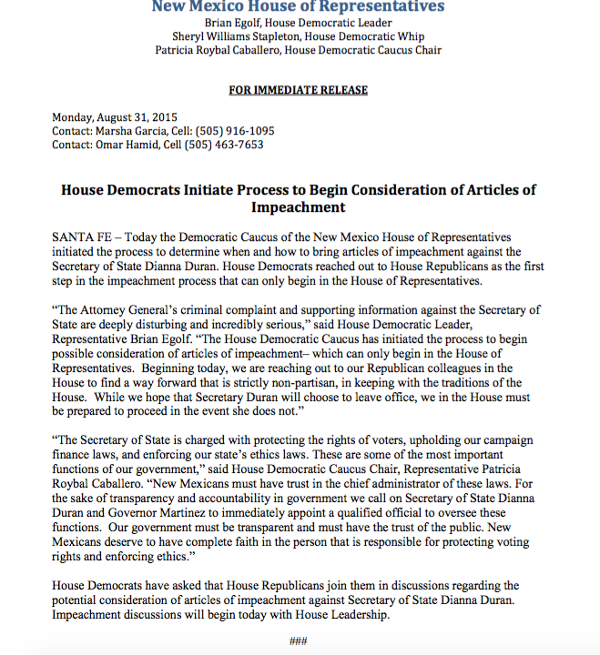 RepSheryl's tweet image. Dem Caucus, NMHouse of Rep. Initiated process to determine how to bring articles impeachment against SOS Dianna Duran