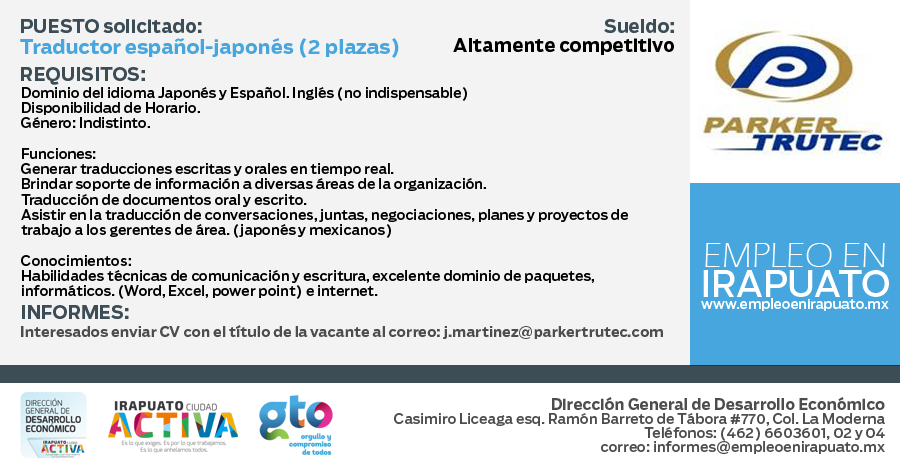 Empleo En Irapuato على تويتر Parker Trutec Mexicana Solicita Traductor De Japones Para Irapuato Y Aguascalientes Http T Co Z4ozr6qpgt Empleo Http T Co 6tpxqb4qb8