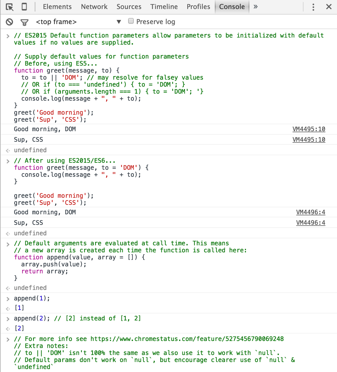 addyosmani's tweet image. New preview of ES6 default function parameters in Chrome - set default parameter values in JS function signatures: