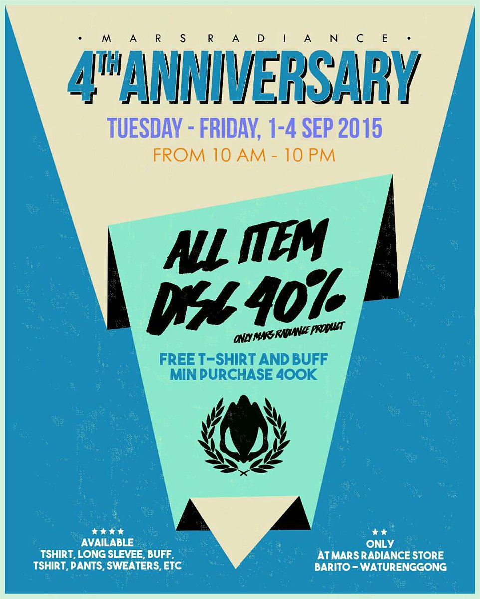 Morning guys ! Mulai 1 - 4 sep 2014 nanti kita ada DISKON 40% ALL ITEM (khusus produk MarsRadiance) monggo diserbu ;)