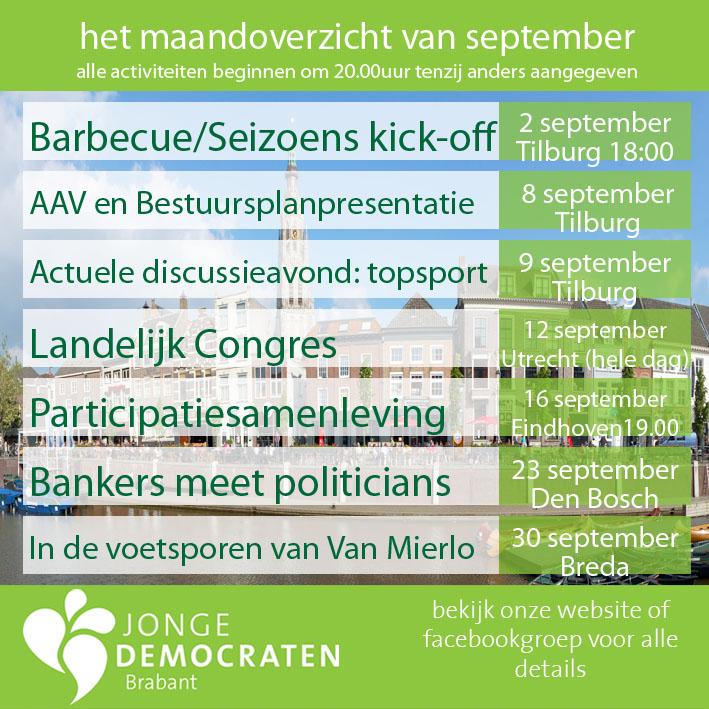 Het nieuwe politieke seizoen is van start! In september veel activiteiten, bekijk de nieuwe maandkalender! #JDBrabant