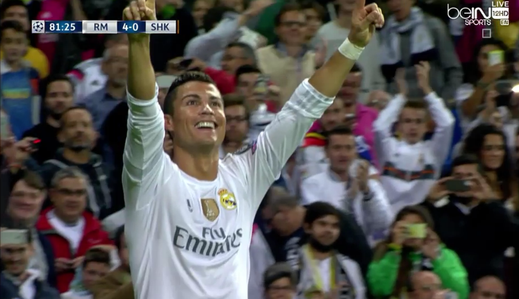 beINSPORTS_EN's tweet photo. GOAL! 5 at the weekend, 3 tonight. It's another hat-trick for @Cristiano! Game over. #RMCF 4 #Shakhtar 0 #UCL http://t.co/UfWaDp13UB