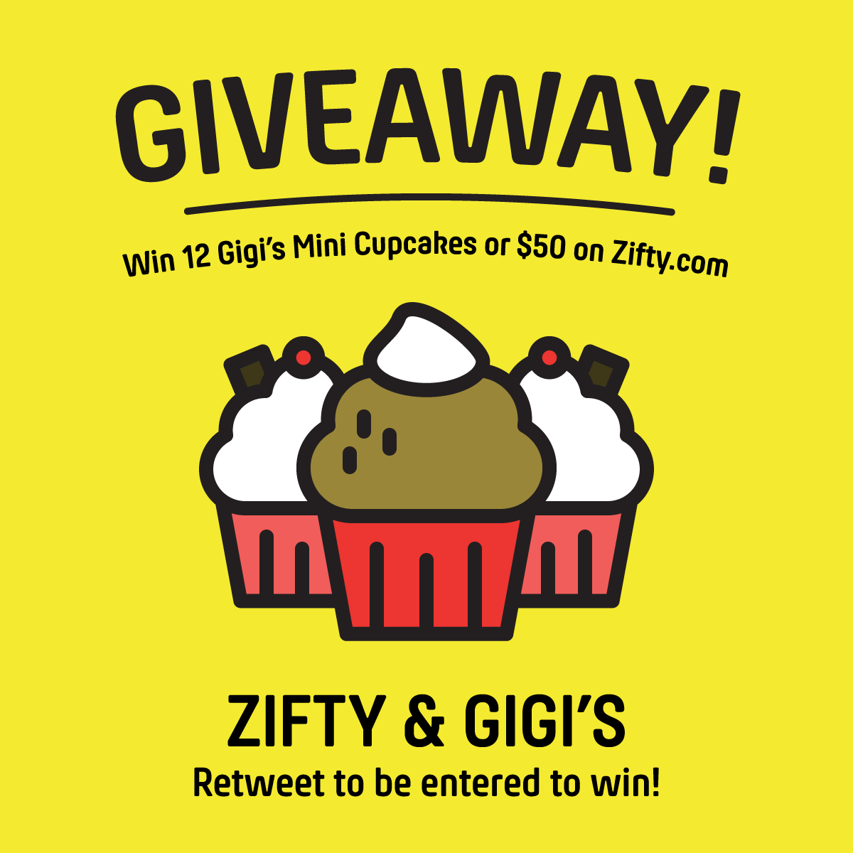 zifty's tweet photo. We're giving away 24 mini cupcakes from Gigi's and a $50 Zifty gift card! Retweet this post to enter. Ends Sept 18! http://t.co/j7XkgW0Lz6