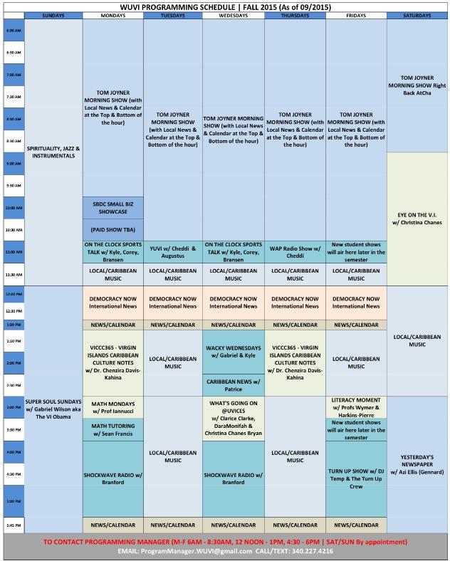 Fall2015 Programming Schedule <a href="/KGMedia/">Karen Gutloff</a> <a href="/UVICOMDEPT/">UVI COM Dept.</a> <a href="/STXReporter/">Stephanie Hanlon</a> @UviProvost <a href="/uvipresident/">David Hall</a> <a href="/UVI_edu/">UVI</a> <a href="/UVICES/">Mãe Uvices</a> <a href="/VICCC365/">VICCC</a>