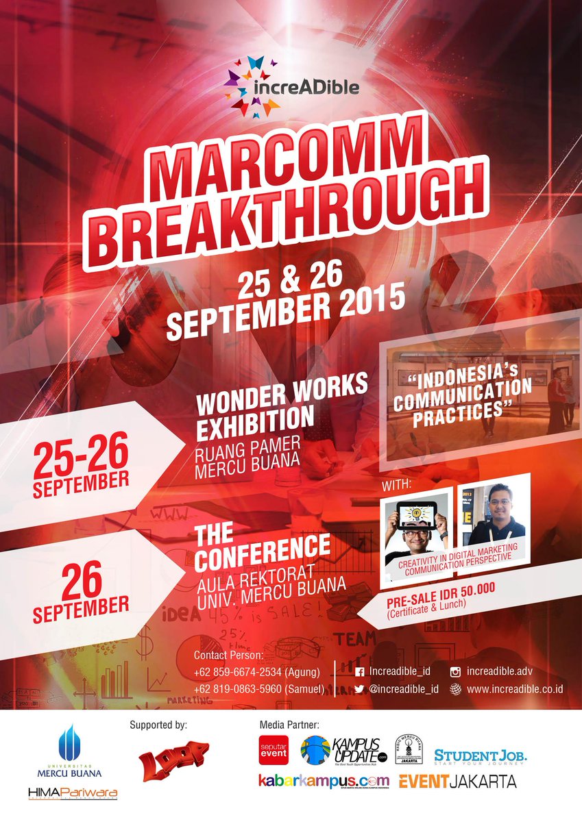 IncreAdible Marcomm Breakthrough : 25-26 Sept 2015 at Univ Mercu Buana bit.ly/1M6dem8 <a href="/increadible_id/">increADible</a>