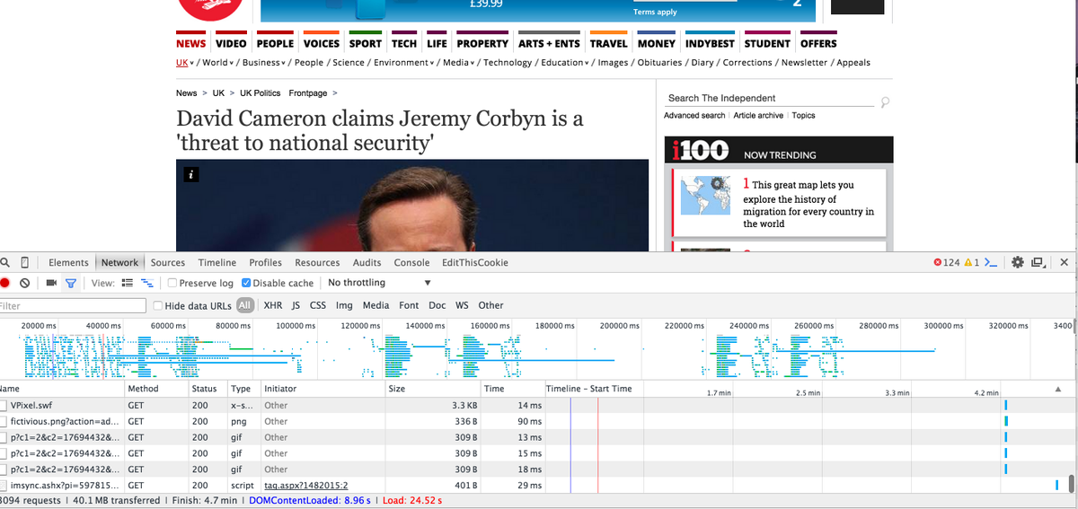 jameslewis's tweet photo. The @Independent’s website is horrific. It won’t stop loading ad/tracking content. Over 40MB so far and going strong. http://t.co/DGTcMpGvzl