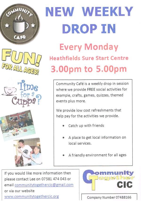 TODAY 3pm-5pm Healthfields Infants (Wilnecote) COMMUNITY CAFE FREE Games, Crafts, Local Info Pop in for a cuppa