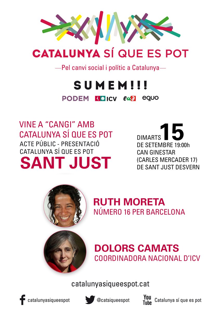 ICVSantJust's tweet photo. Què proposa Catalunya Sí Que Es Pot ? Vine demà dimarts a les 19 a Cangi #santjust amb @dolorscamats i @RuthEmeEme http://t.co/NKld5AzqRN
