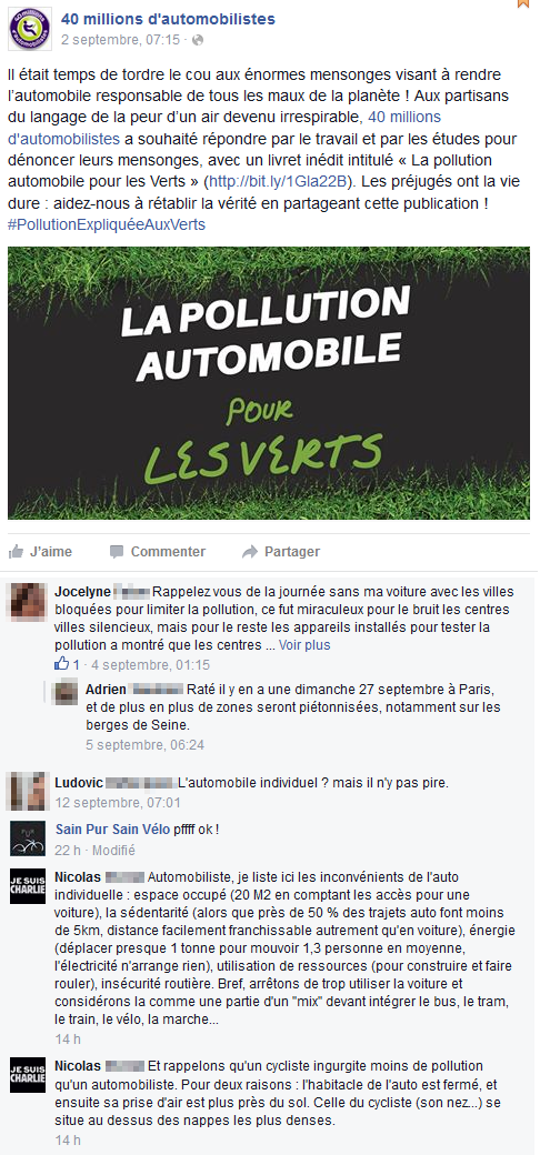 Cyclovengeur's tweet photo. La page Facebook de #40Millionsdautomobilistes attaquée sauvagement par de dangereux #autophobes ! Bravo à eux :) http://t.co/8NOtdmiBAT