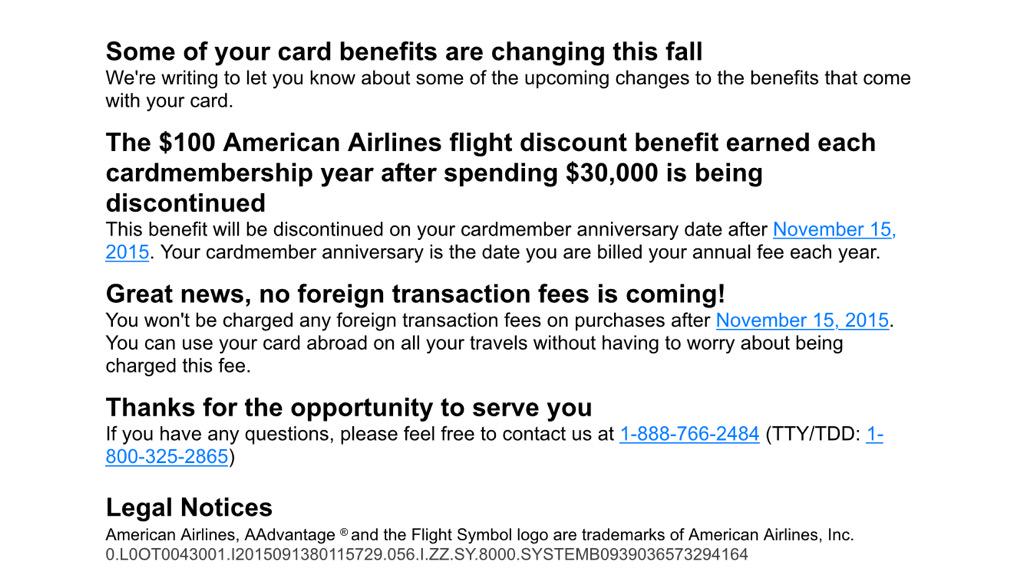 eahornor's tweet photo. .@AmericanAir not cool to discontinue the $100 flight discount if you spend $30,000 on you card. #badmove http://t.co/xzKIA31MoR