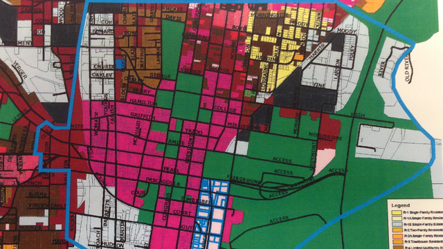 ChrisBell_MS65's tweet photo. The blue line is the central business district of Jackson. Everything you see there in green is tax free-Allen, DJP http://t.co/WDDU87Z0oL