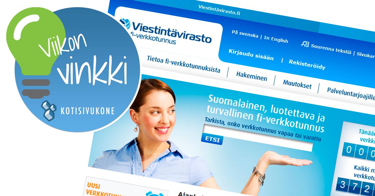 Kotisivukone's tweet photo. Onko haluamasi fi-verkkotunnus vapaana? Tarkista se viestintäviraston sivulta: http://t.co/rDiyPiru4O #viikonvinkki http://t.co/6Wqn33tqLQ