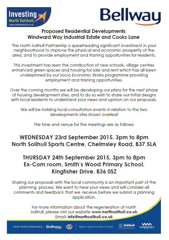 NorthSolihull's tweet photo. Public Consultation events residential developments Cooks Lane &amp; Windward Way Ind Estate, 23rd/24th September 3pm-8pm http://t.co/uk0B0zTkD7