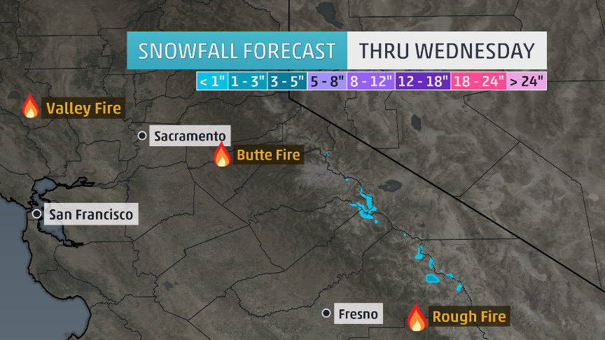 weatherchannel's tweet image. A chance of #snow (!) in Sierra Nevada Wednesday - but only on highest peaks. Won't help #ButteFire or #RoughFire.