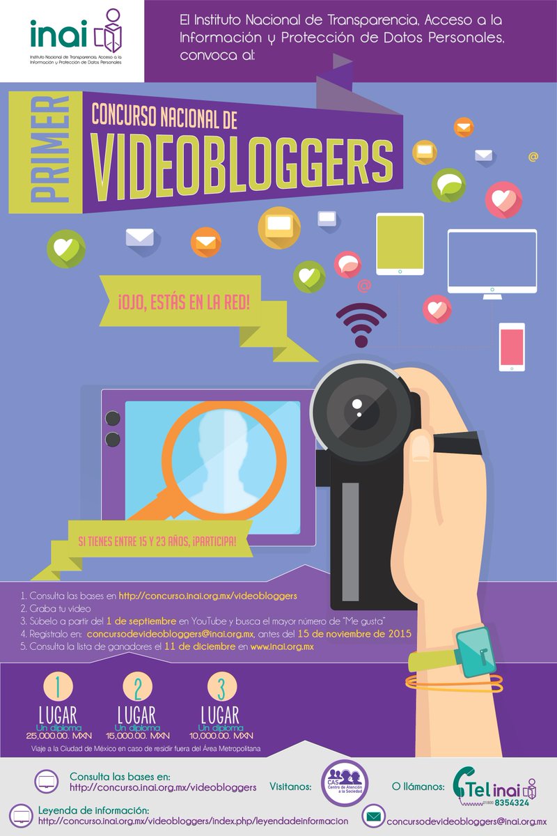 CONAIP_SNT's tweet image. Si tienes entre 15 y 23 años, el Concurso Nacional de #VideoBloggers es para ti, ¡Participa!
concurso.inai.org.mx/videobloggers/