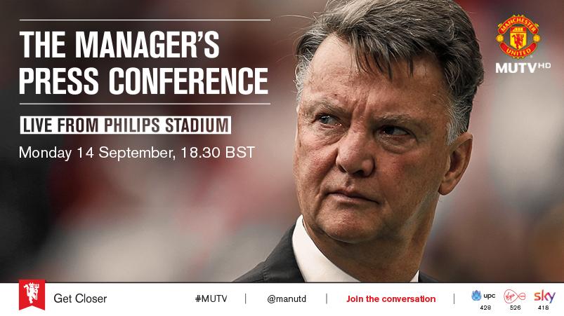 Tune in to #MUTV (UK/IRE) from 18:30 BST to hear from Louis van Gaal ahead of PSV v #mufc: bddy.me/1OaPYqy