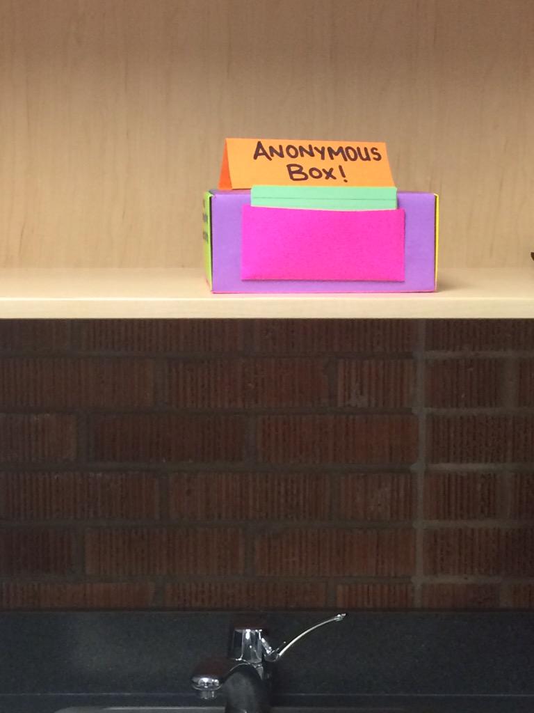AskTheNurseHC's tweet photo. A second "Anonymous Box" is located above the sink in the cafeteria! http://t.co/zHxelKl6RS