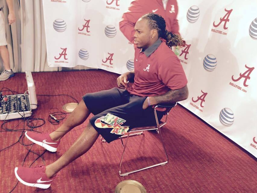 SheldonWBRC's tweet photo. Derrick Henry did not score a TD today, but he did answer questions with the media. #6touchdowns http://t.co/d548M9XgDC