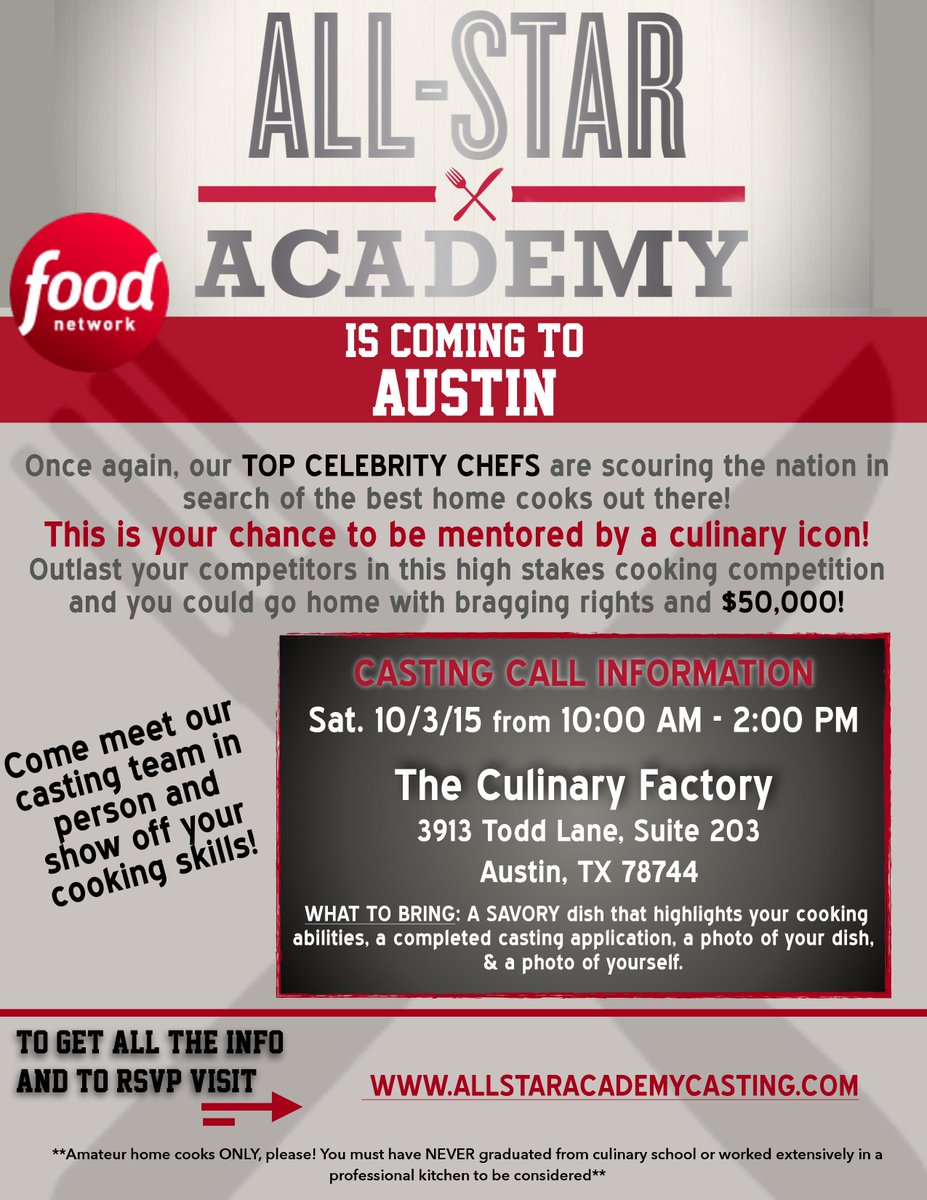 MSCasting's tweet image. @austinfoodmag Food Network's #AllStarAcademy is casting in Austin Oct. 3! #FoodNetwork #HomeCooks #Foodie #Casting
