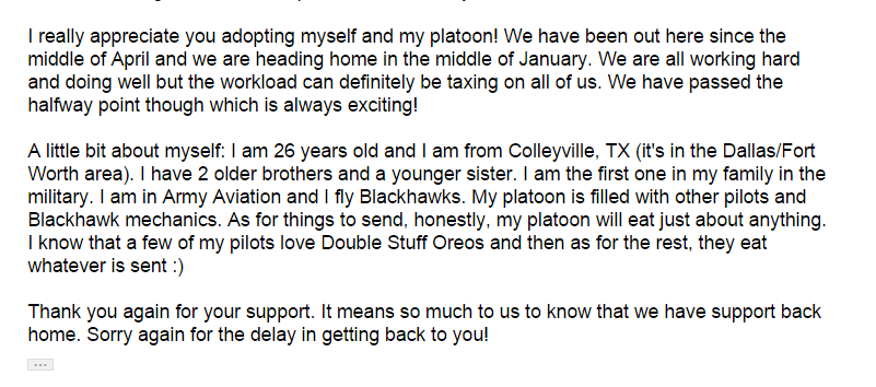 Amazing news!  Lt. Stallard's platoon in Afghanistan is super excited for our SOS chapter  <a href="/cghs/">Jane Garcia</a> to adopt them!
