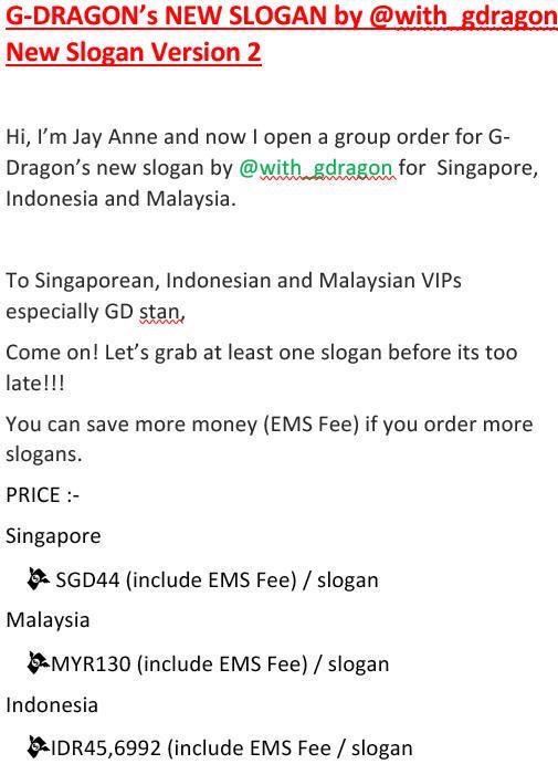 Bbisloved's tweet photo. [Help me RT]

@with_gdragon's New Slogan Group Order open for #SGVIP, #INAVIP and #MYVIP.

For details (in picture) http://t.co/mR732Q6uRC