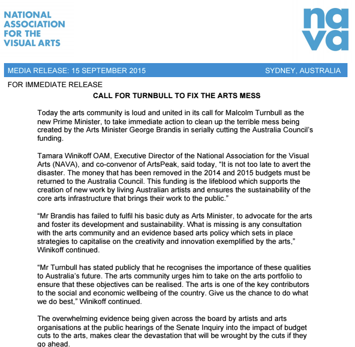.<a href="/NAVAvisualarts/">NAVA</a> calls for Malcolm Turnbull to reverse devastating Australia Council arts cuts