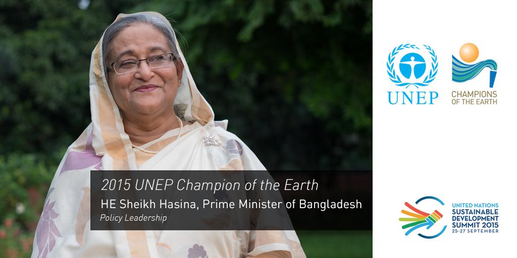 UNEP's tweet photo. #UNEPChampions laureate HE Sheikh Hasina - leadership in #climatechange adaptation policy http://t.co/GtsKAd5twg http://t.co/q4V5ahbsOT