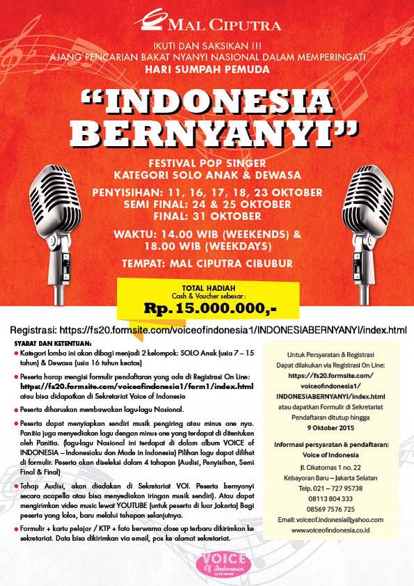 <a href="/SOYouth_INA/">Spirit of Youth</a>  Lomba Nyanyi - Hadiah 15 juta. Info: 727 95738. Registrasi: fs20.formsite.com/voiceofindones… … …