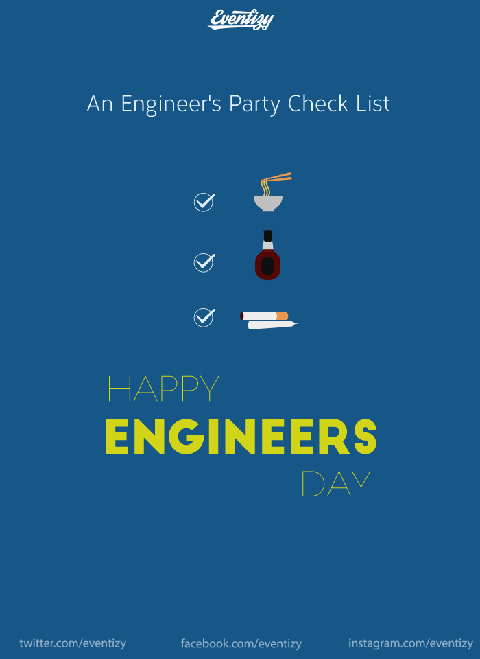 eventizy's tweet photo. Happy Engineers Day.
#engineers #engineersday #party #maggi #oldmonk #weed #eventizy #event #celebration #checklist http://t.co/BHJMRfyPXq
