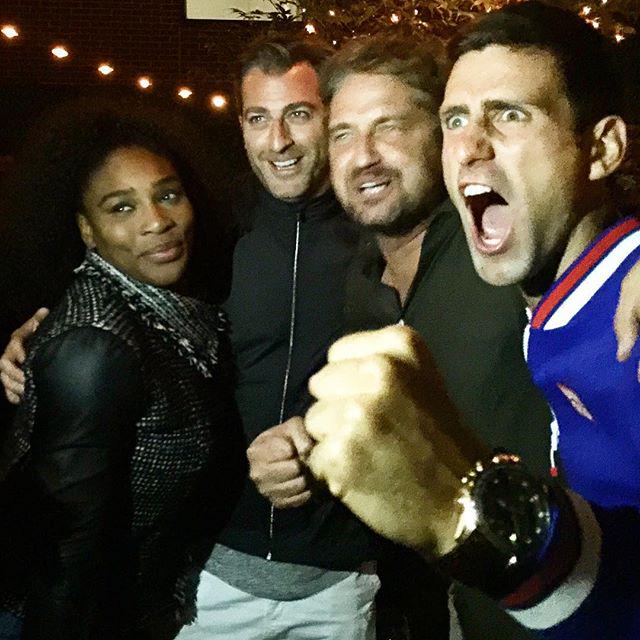 Serena Williams, Gerard Butler and Novak Djokovic at US Open. #NewYork #USOpen2015 (Photo via Serena's IG)