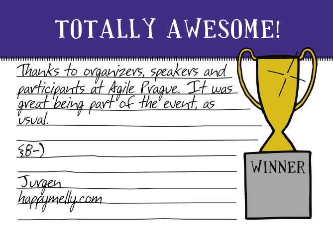 jurgenappelo's tweet photo. My #kudo to everyone at #AgilePrague via http://t.co/mOYlF3Q3UG http://t.co/muf0c9QmTB