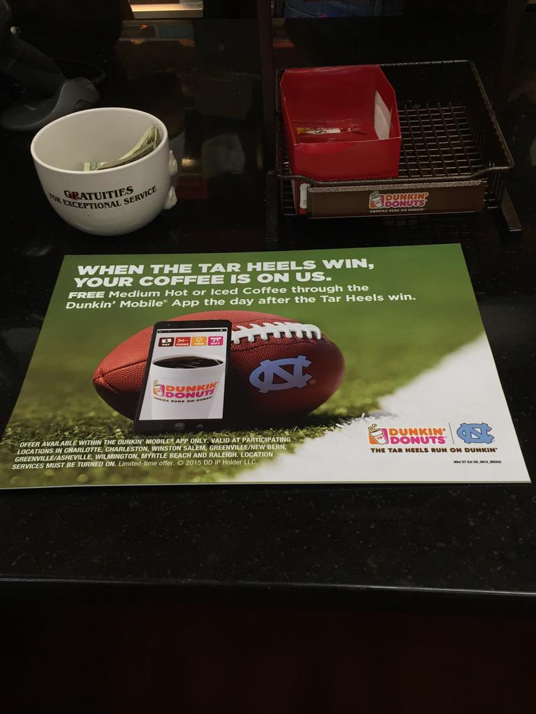 lindseyfronk's tweet photo. When @TarHeelFootball wins, get a free M coffee @DunkinDonuts :) #sportsbiz #nc #goheels #dunkinapp http://t.co/ruHAPRF2wE