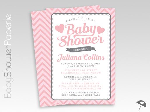 Pink and Gray Chevron and Hearts Baby Shower Invitations babyshowerpaperie.com/2015/09/pink-a…