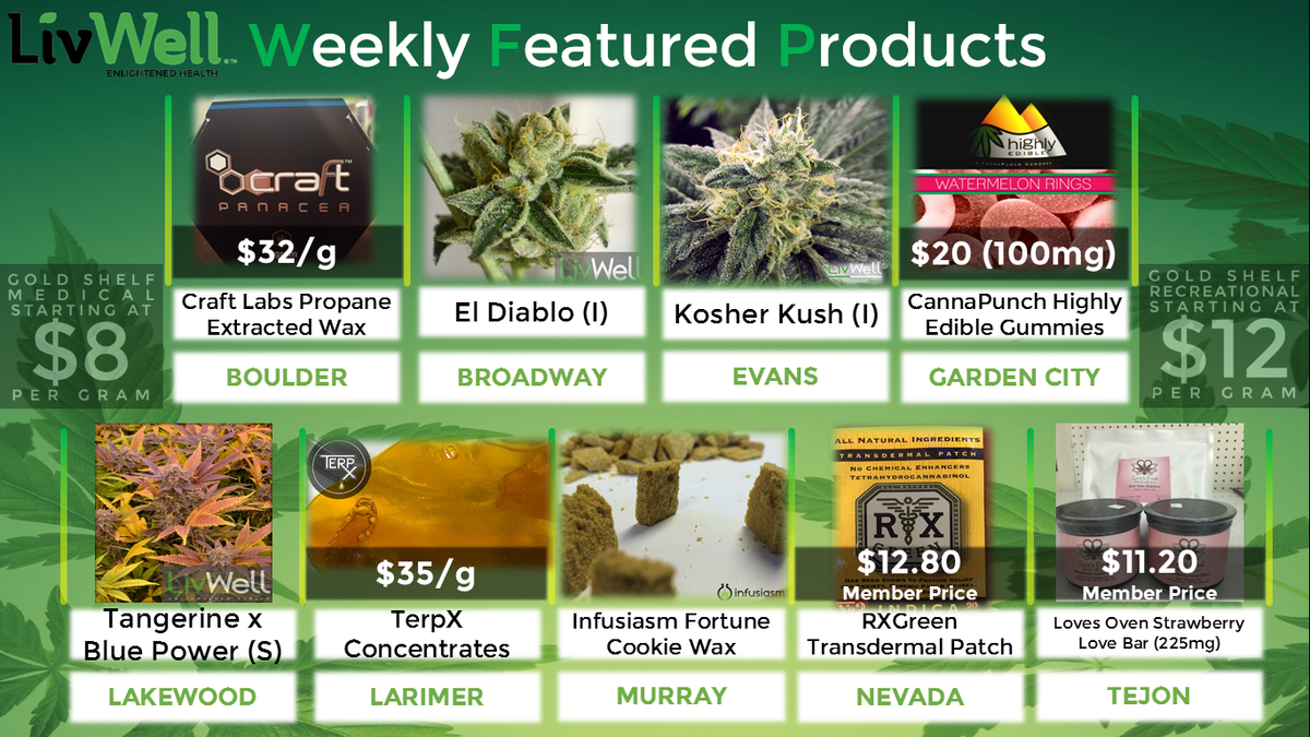 LivWellCannabis's tweet photo. Weekly Featured Products: #Craft710, @CannaPunch gummies, #TerpX, @RXGreenPatch, @LovesOven, #Infusiasm wax, & more! http://t.co/uRF9cKYBEr