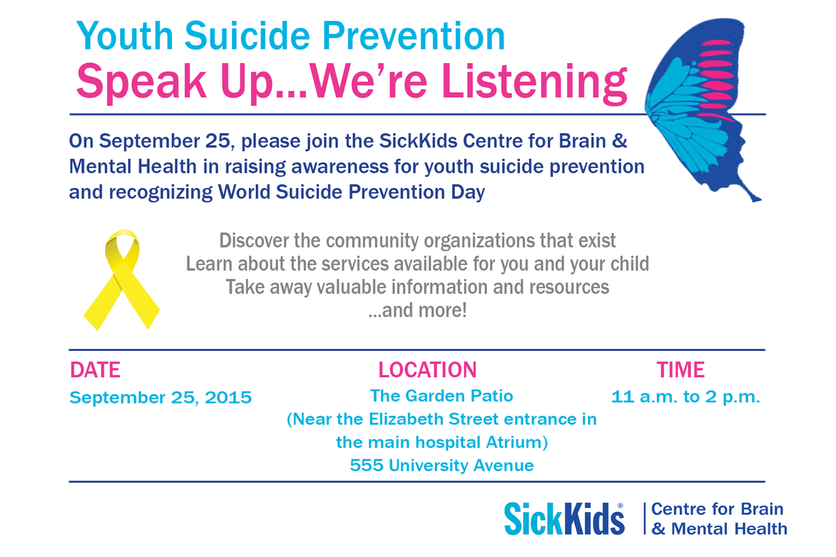 SickKidsNews's tweet photo. Our "Speak up. We're listening." #YouthSuicide Prevention event has been rescheduled to Sept. 25! #preventsuicide http://t.co/IRudpJKBfg