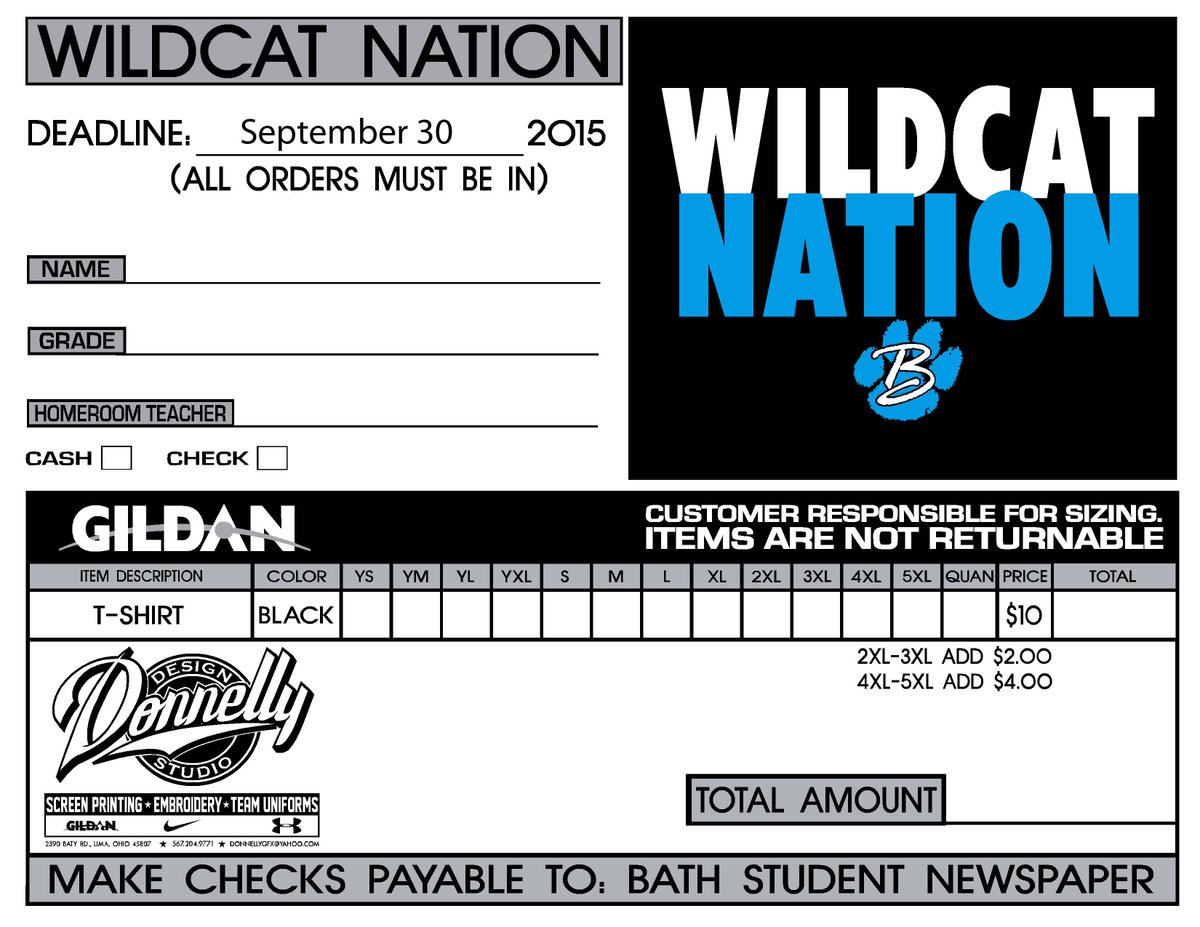 BathHS_PawPrint's tweet photo. Officially on sale now!!!!! #WildcatNation T-shirts.  Get yours by 9/30.  Turn order form into ES, MS, or HS office. http://t.co/vaWPRyUZ4b
