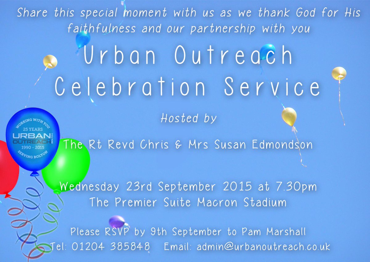 UrbanOutreachUK's tweet photo. It's our 25 Years Celebration Service, Premier Suite Macron Stadium, next Weds 23rd at 7.30pm. Join us to celebrate! http://t.co/vMrrmcjOiK