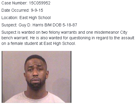 WichitaPolice's tweet photo. 15C059952 - Suspect: Guy D. Harris B/M DOB 5-18-87 is wanted for questioning about East HS incident on 9-9-15 http://t.co/mq2R9AvwZk