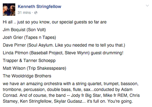 If you're going to our Third show at <a href="/FirstAvenue/">First Avenue</a> on the 30th, <a href="/KenStringfellow/">Ken Stringfellow</a> shares some of the special guests!