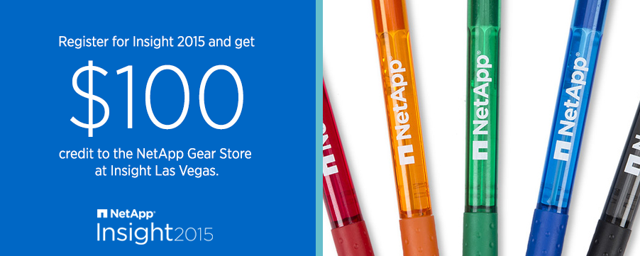 NetApp's tweet photo. Register for #NetAppInsight Las Vegas w/ this link &amp; get a $100 credit at the Gear Store! http://t.co/3LGlgCKMmn http://t.co/wsbW2ENQm2