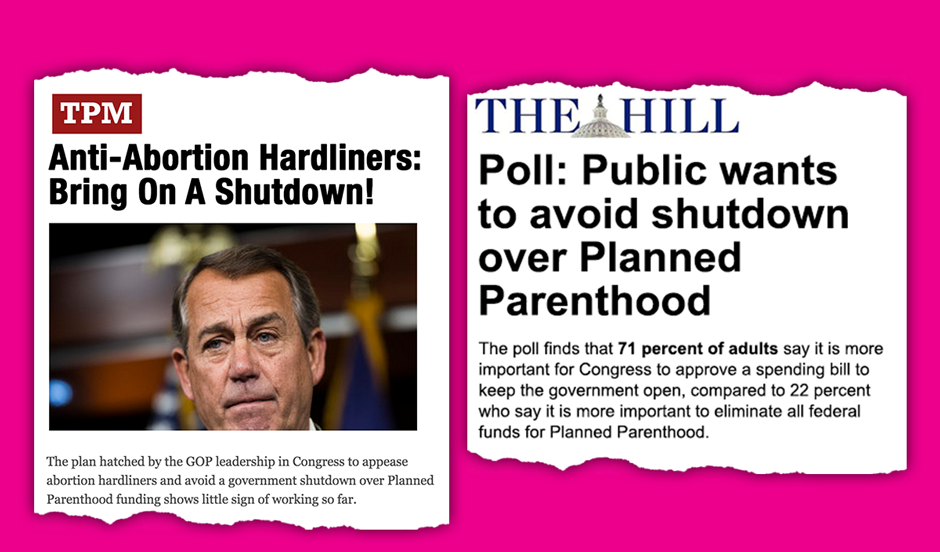 GOP won't let the fact that 71% of public don’t want #GOPshutdown over PP stop them. ppact.io/1isVBDI