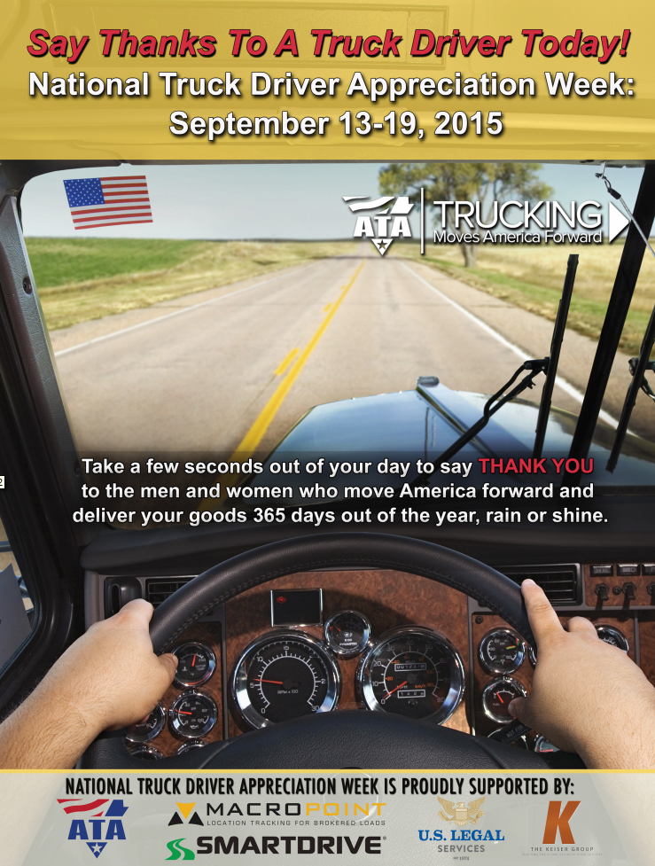 TRUCKINGdotORG's tweet image. Have you seen ATA's #NTDAW15 ad in @TransportTopics? We're happy to say #ThanksTruckers.