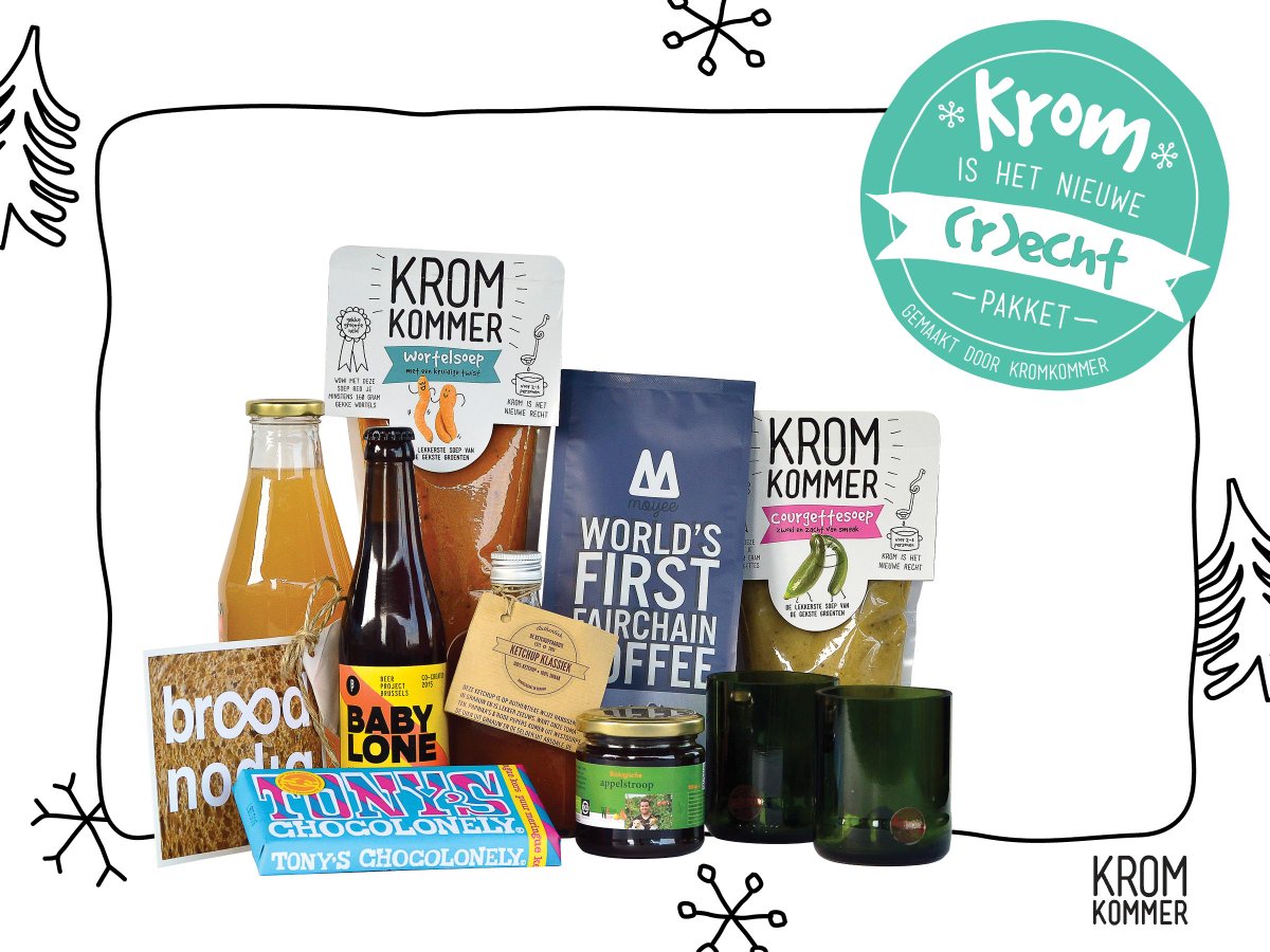 Krommunity's tweet image. Het "Krom is het nieuwe (r)echt pakket" Daarmee eet en drink je de wereld een stukje mooier &amp;lt;3 kromkommer.com/kromkerstpakke…